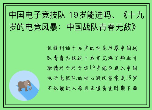 中国电子竞技队 19岁能进吗、《十九岁的电竞风暴：中国战队青春无敌》