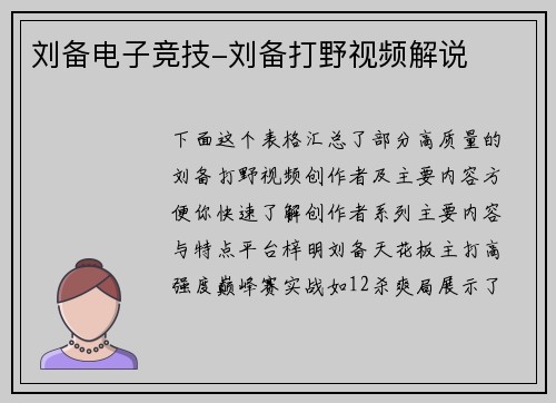 刘备电子竞技-刘备打野视频解说